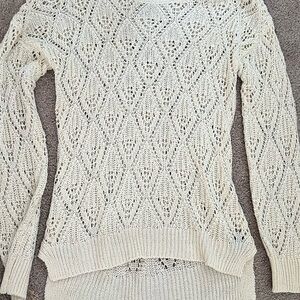 Cream Crew Neck Sweater with Diamond Lace Pattern